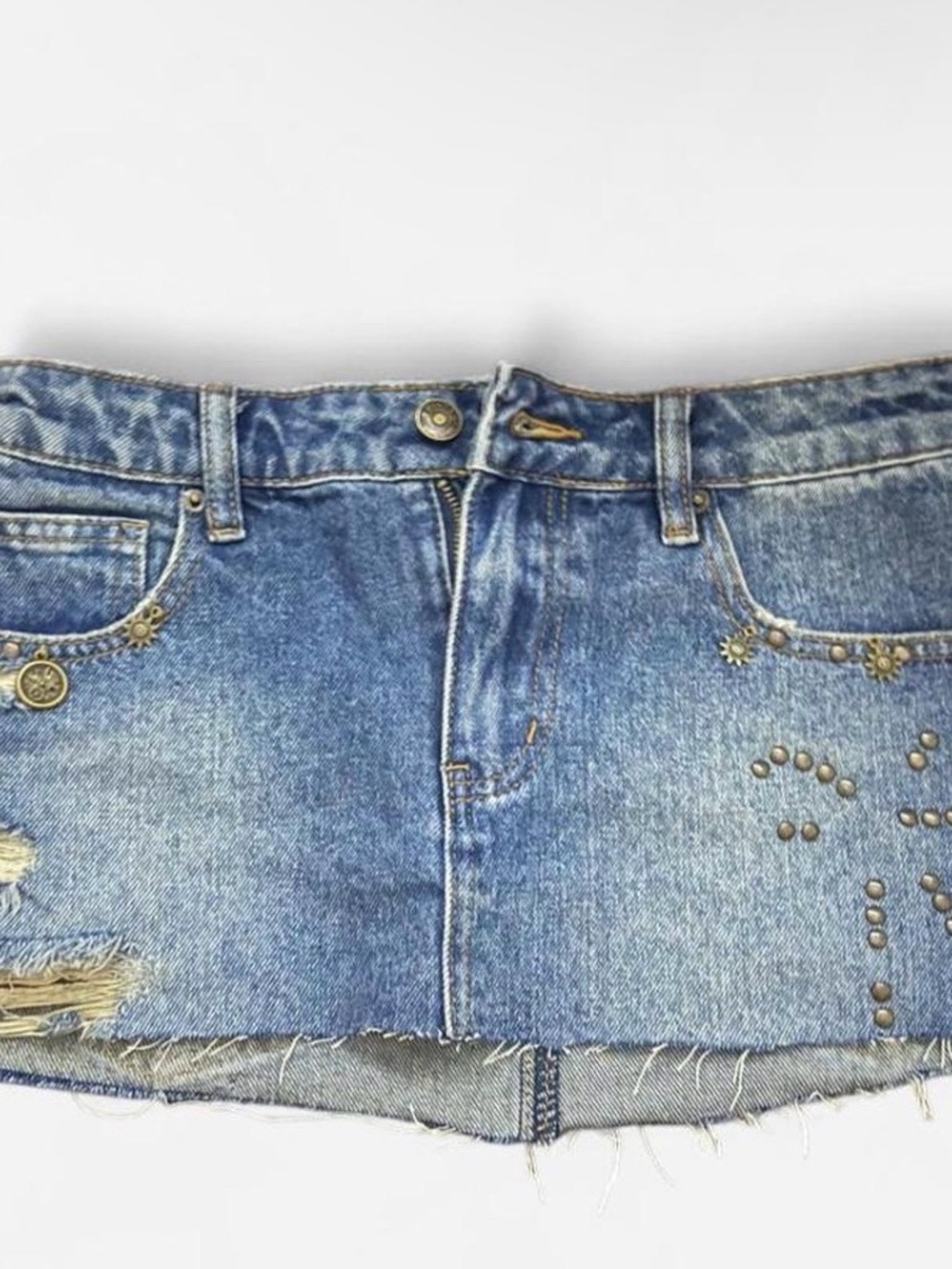 Edikted Blue Denim Mini Skirt with Stud Accents